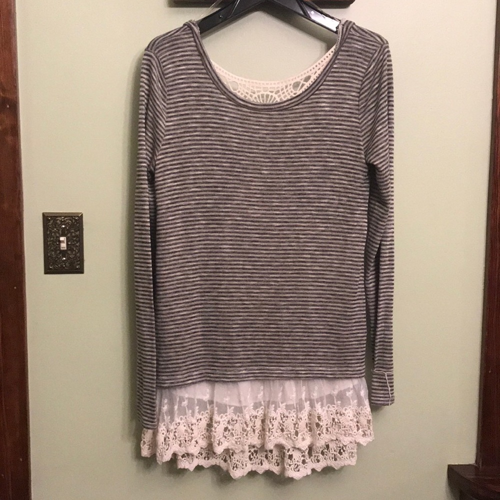 Grey and white stripped shirt with lace underlay